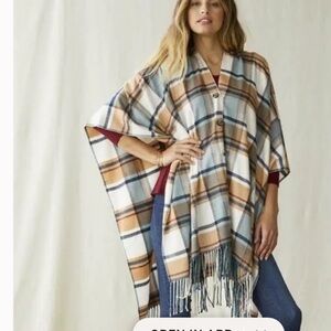 Matilda Jane Plaid Cream Blue Button Down Paige Ruana Shawl Poncho OS one size
